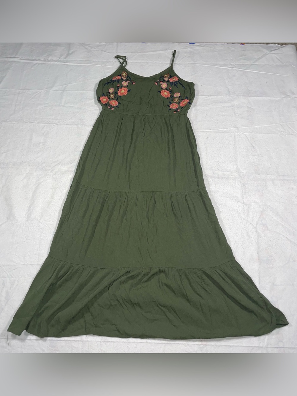 Time And Tru L(12-14) V Neck Green Floral Embroidered Adjustable Strap Maxi
